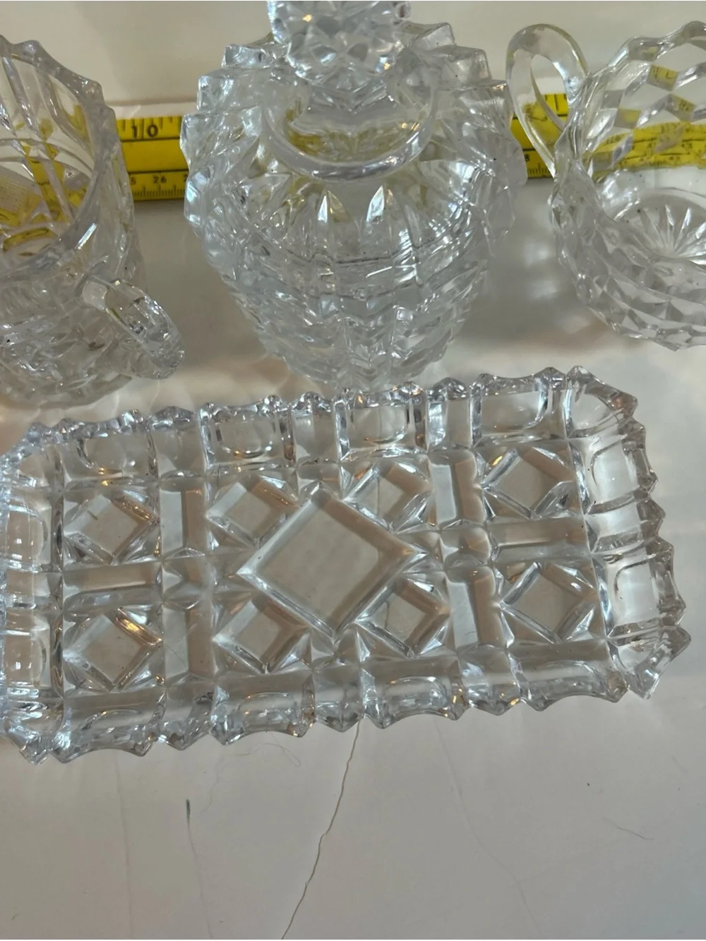 American Brilliant Elegant Cut Glass Creamer, Sugar bowl with Lid, and Tray